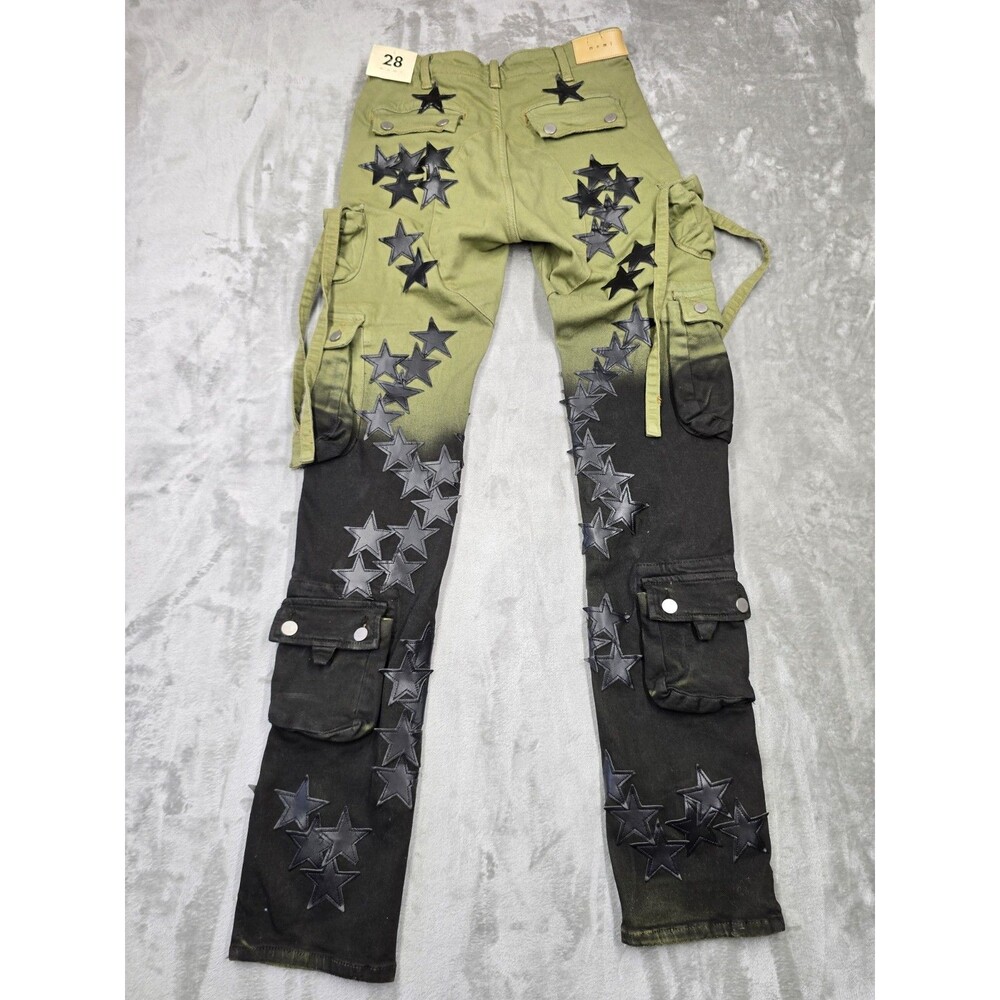 ​MNML Star Cargo Pants Size 28 Green Black Gradient Two Tone Leather Stars Y2K - Picture 7 of 10